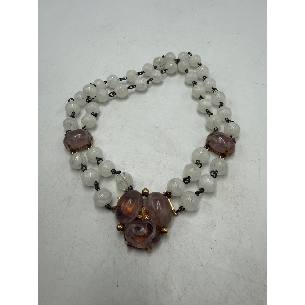 Vintage Double Strand White Milk Glass Mauve Purple Art Glass Beaded Necklace